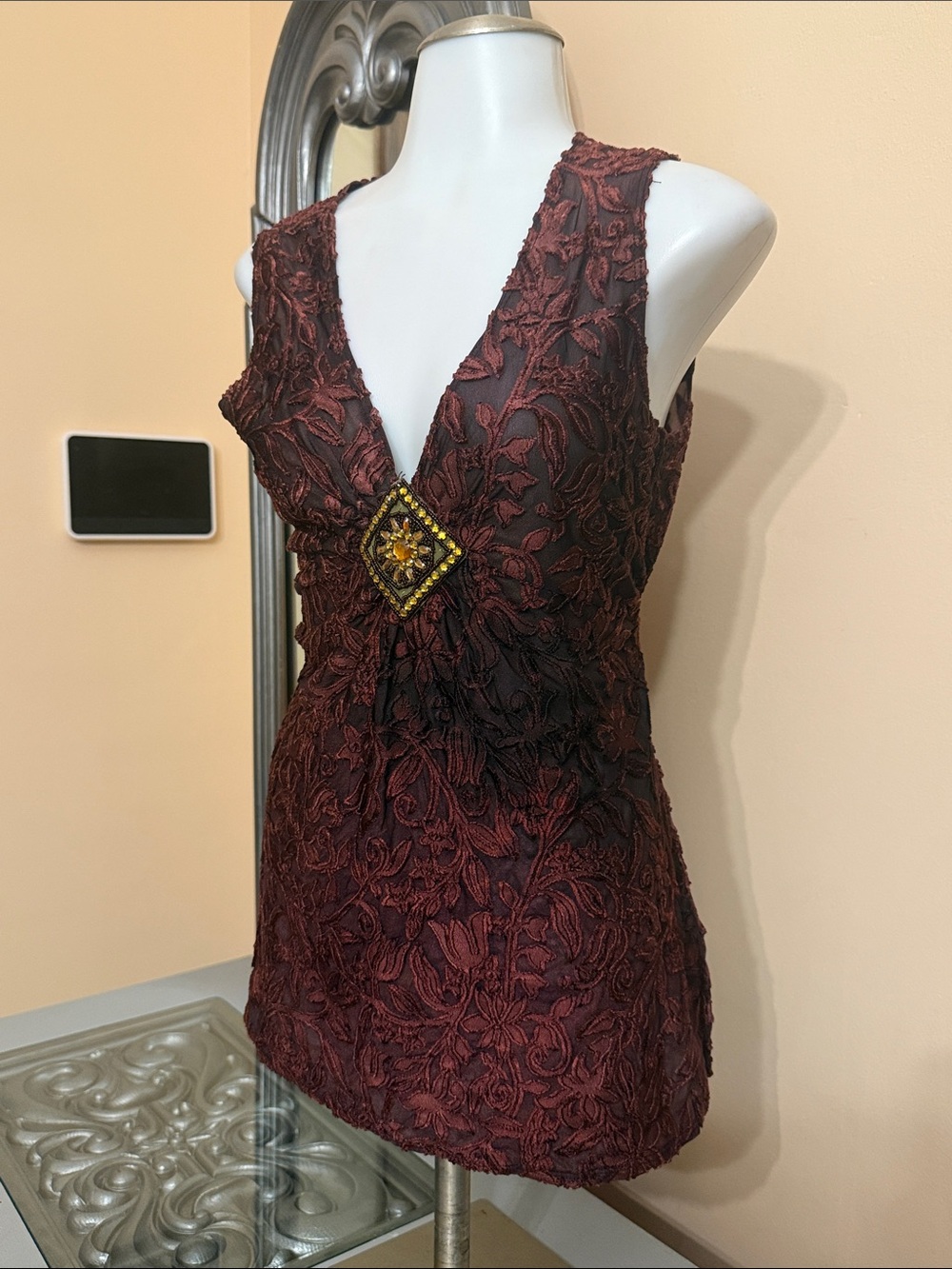 Vintage CMM Large Deep Burgundy V Neck Floral Embroidered Top Jewel Accent